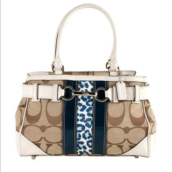 Coach Hamptons Signature Stripe Leopard Carryall Satchel Handbag - Picture 2 of 16